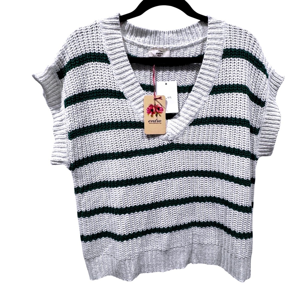 Entro Sweater Vest Women Small White Green New Striped V-Neck Open Knit T23530